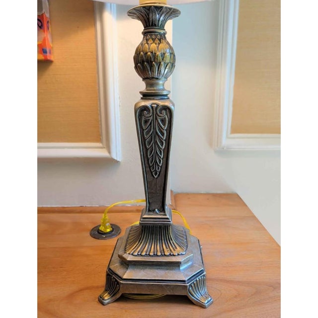 2000 - 2009 Neoclassical Cast Metal Table Lamp Pair With Stiffel Shades For Sale - Image 5 of 6