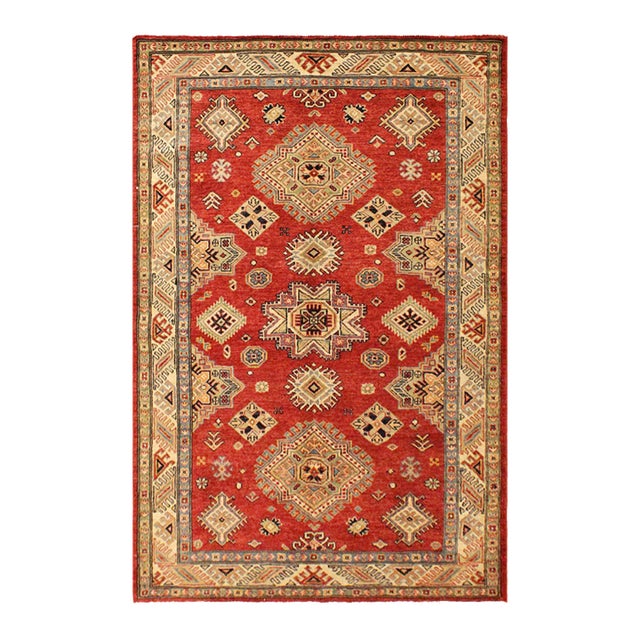 Tribal Super Kazak Red/Tan Wool Rug - 4'1'' X 6'3'' For Sale
