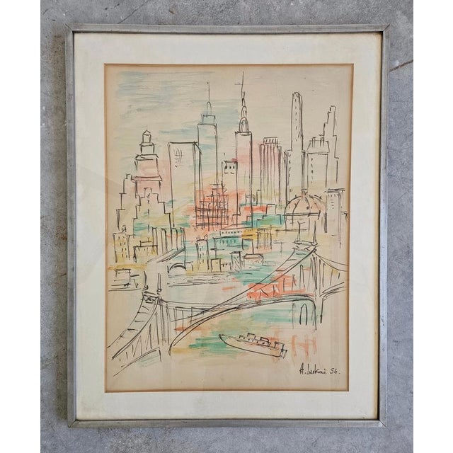 In this listing you will find a stunning Modernist watercolor painting depicting a cityscape of New York City, as seen...