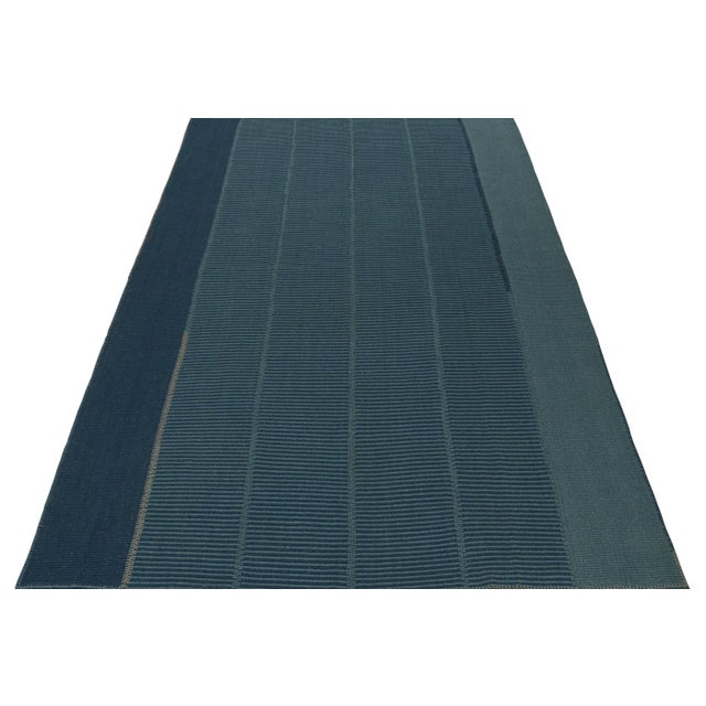 Contemporary Rug & Kilim’s Contemporary Kilim in Tones of Blue With Stripes and Brown Accents For Sale - Image 3 of 7