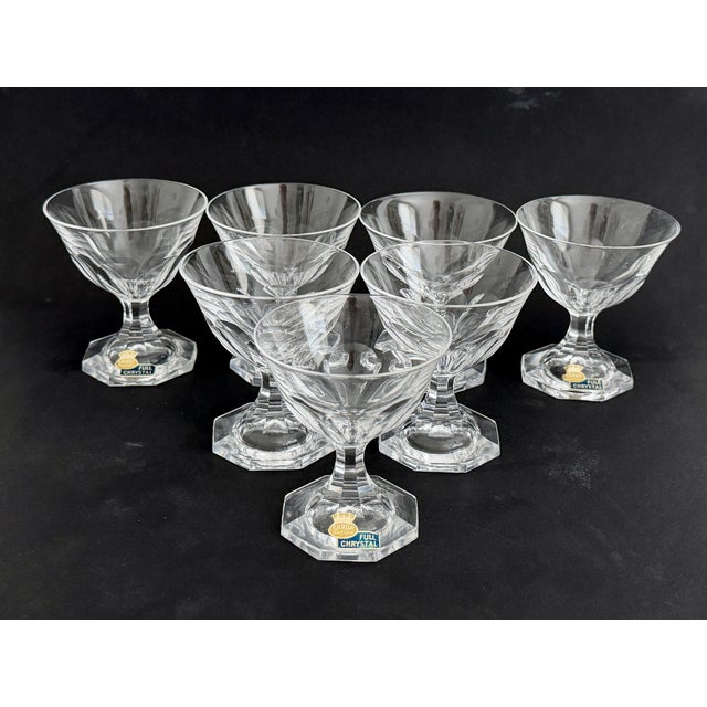 Striking set of six vintage mid-century champagne coupes / footed dessert glasses meticulously crafted by renowned Skruf...