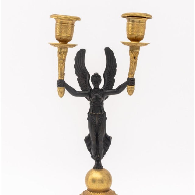 Empire Style Patinated and Gilt Metal Candelabra, Pair For Sale - Image 4 of 11