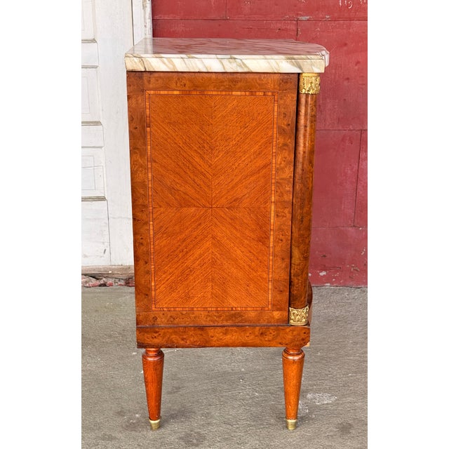 Wood Antique French Empire Style Marquetry Cabinet / Nightstand With Marble Top and Gold Gilt Bronze Mounts For Sale - Image 7 of 13