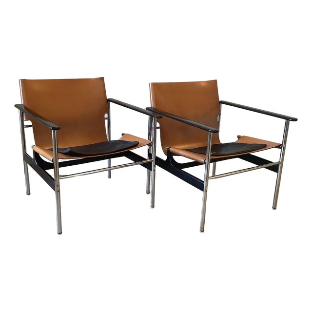 Pair of Vintage Charles Pollock 657 Armchairs for Knoll – Original Leather & Chrome For Sale