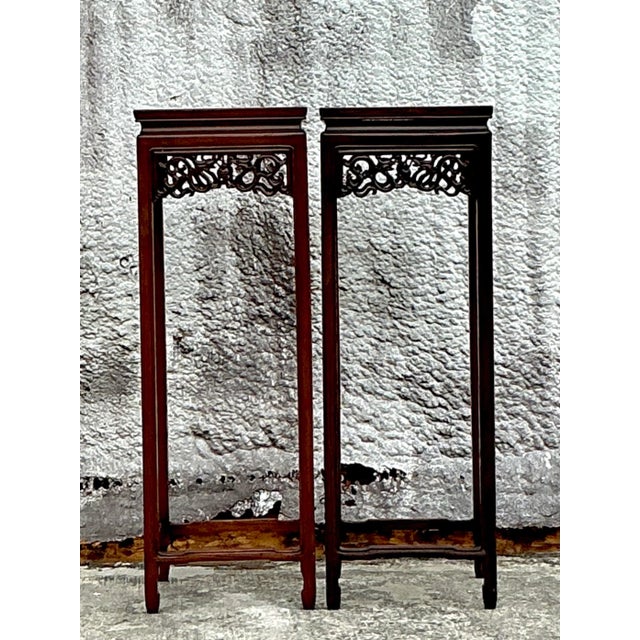 Vintage Asian Carved Rosewood Pedestals - a Pair For Sale - Image 4 of 6