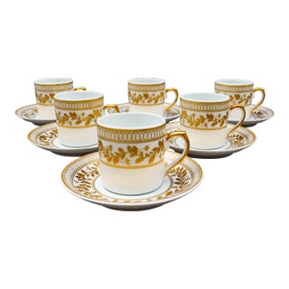 Vista Alegre Portugal Anna White & Gold Porcelain Espresso Cup & Saucer Set- 12 Pieces For Sale