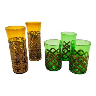 VTG Felipe Derflinger Handblown Amber & Green Brutalist Caged Tumblers, Set of 5 For Sale