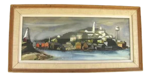 Late 20th Century Coastal Harbor Scene Watercolor Painting by Barbara Comfort, Framed
