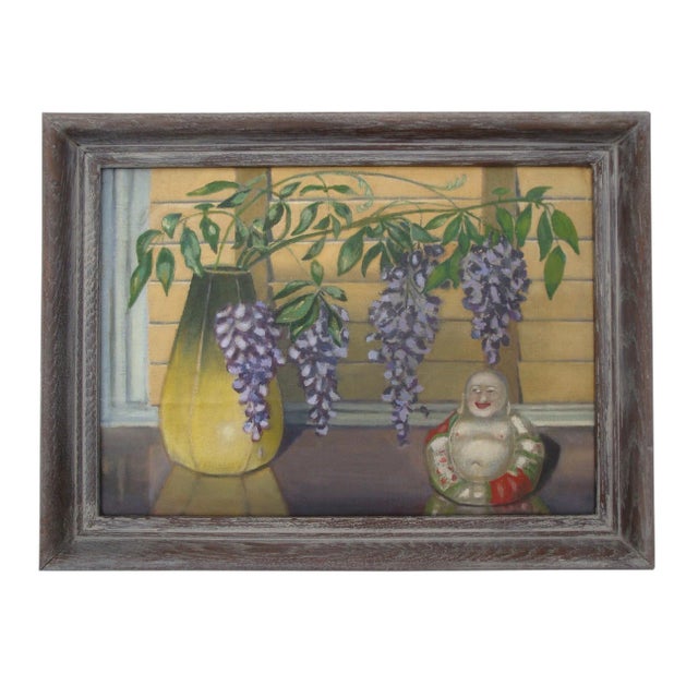 Chinoiserie Still Life Painting 1946 Buddha and Wisteria Flowers For Sale