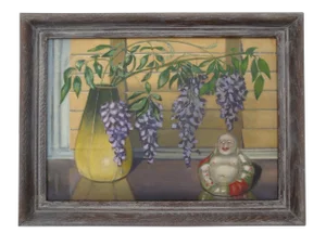 Chinoiserie Still Life Painting 1946 Buddha and Wisteria Flowers