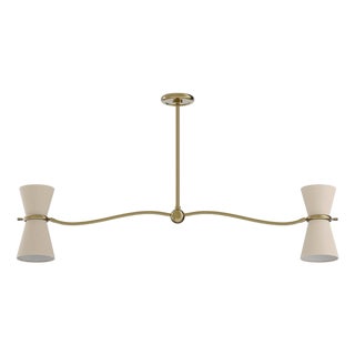 Gable Linear Chandelier, Antique Natural Brass with Oyster Shade For Sale