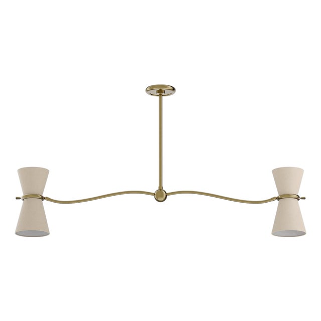 Gable Linear Chandelier, Antique Natural Brass with Oyster Shade For Sale