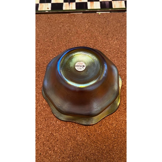 Early 20th Century Louis Comfort Tiffany Gold Iridescent Favrille Ruffled Edge Finger Bowl and Under Plate For Sale - Image 12 of 12