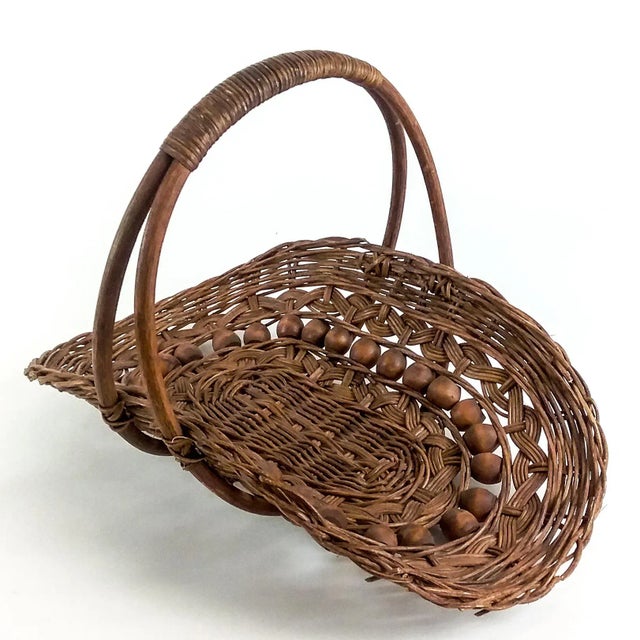 Antique Wicker and Beaded Magazine Mail Basket For Sale - Image 4 of 7