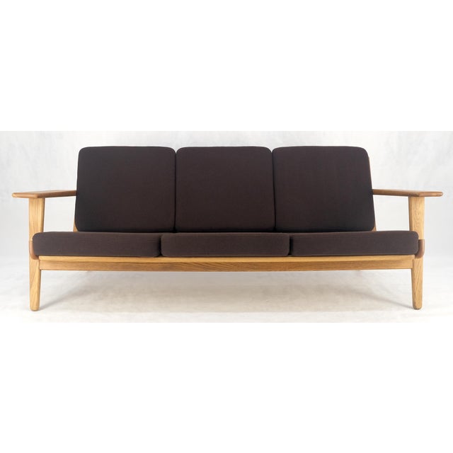 Solid Oak Frame Brown Upholstery MCM Style 3 Seat Sofa Clean! For Sale - Image 12 of 16