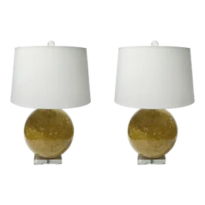 Organic Modern Yellow Quartz Sphere Table Lamps Pair