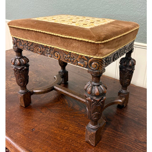 Antique English Jacobean Upholstered Bench Stool Carved Oak C. 1930s For Sale In Dallas - Image 6 of 16