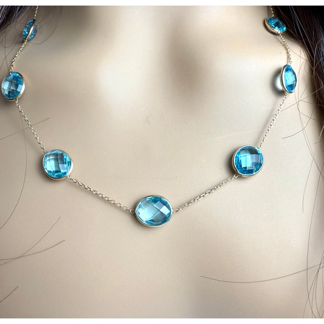 14k Yellow Gold Large Sized Blue Topaz Bezel Station Necklace 20 Inch For Sale - Image 4 of 10