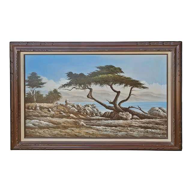 Mid-Century Vintage Monterey "Lone Cypress" Coastal Original Oil Painting Signed Gershna For Sale