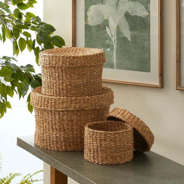 Boho Chic Seagrass Round Lidded Baskets, Set Of 3 For Sale - Image 3 of 5