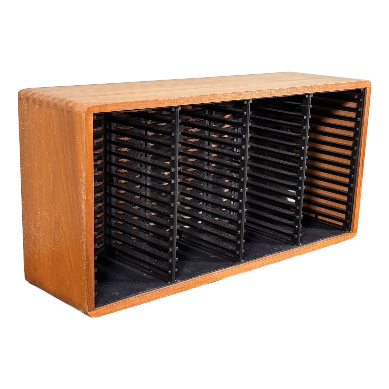 Mid Century Modern Solid Teak Wood CD Storage Cabinet With Slatted Dividers