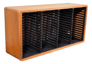Mid Century Modern Solid Teak Wood CD Storage Cabinet With Slatted Dividers