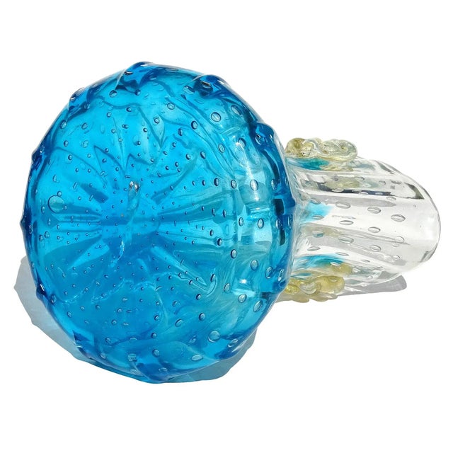 Vintage Murano Sapphire Blue Gold Flecks Flowers Control Bubbles Italian Art Glass Decorative Flower Vase For Sale In Orlando - Image 6 of 6