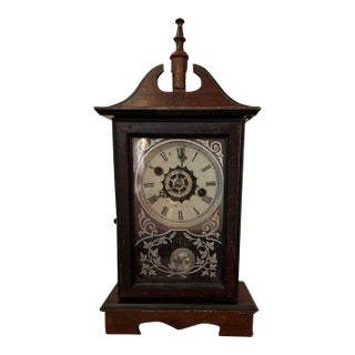 Functional 19th-C. Wm. L. Gilbert "Chromo Time" Walnut Cottage Mantel Clock With Key For Sale