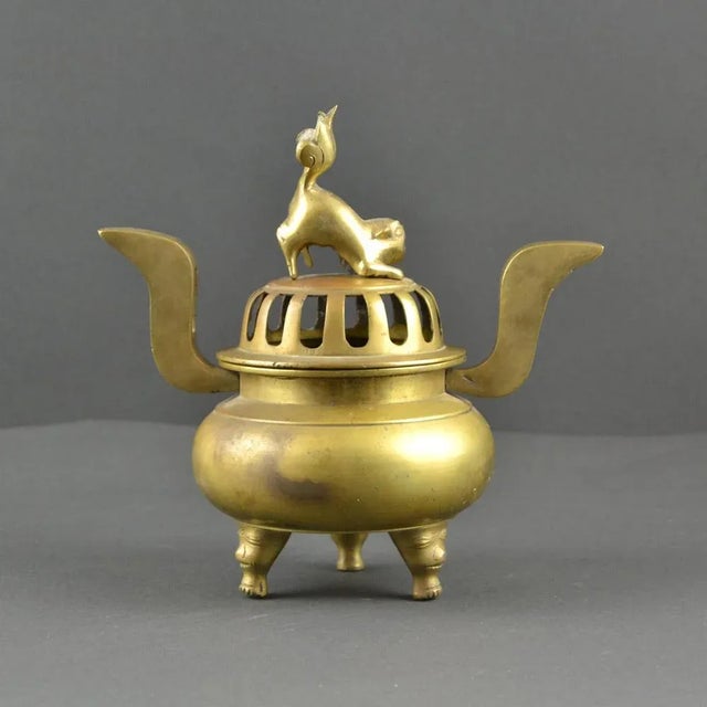 Gold Japanese Incense Burner with Lion Decoration Lid For Sale - Image 8 of 9