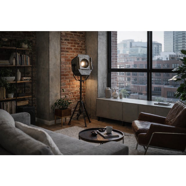 A striking vintage industrial theatre spotlight by furse, mounted on its original adjustable metal tripod stand....