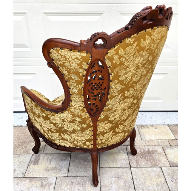 Victorian Rococo Revival Carved Bird Crest Music Room Wingback Armchair For Sale - Image 13 of 18