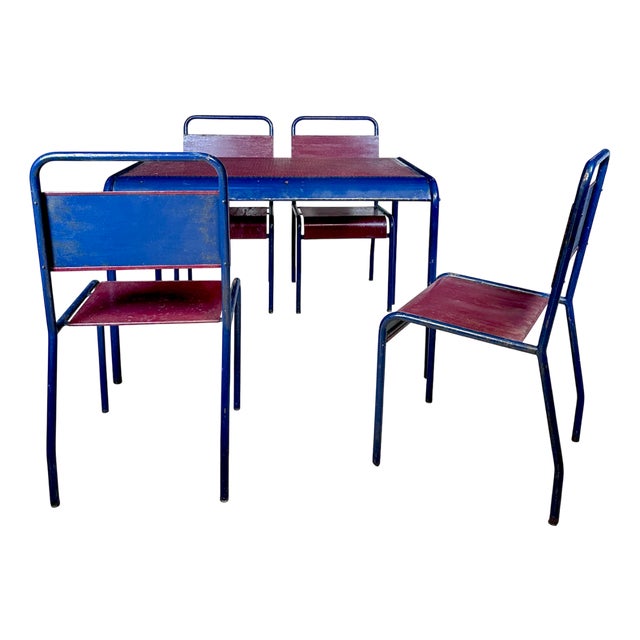 Industrial Tubular Steel Dining Chairs and Table, 1940s, Set of 5 For Sale