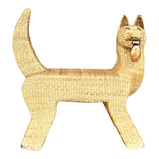 Vintage Coastal Mario Lopez Torres Woven Rattan Dog Bench For Sale