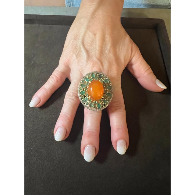 Bochic "Orient" Vintage Orange Opal, Emerald & Diamond Ring Set In 18K & Silver For Sale - Image 14 of 18