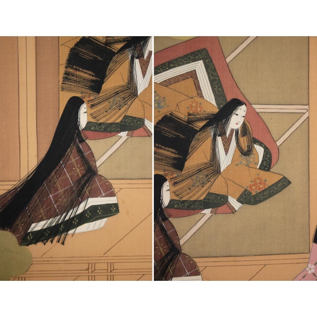 1950s "The Tale of Genji" Early Shōwa Era Japanese Painted Silk Byobu Screen, C. 1930-1950s For Sale - Image 5 of 18