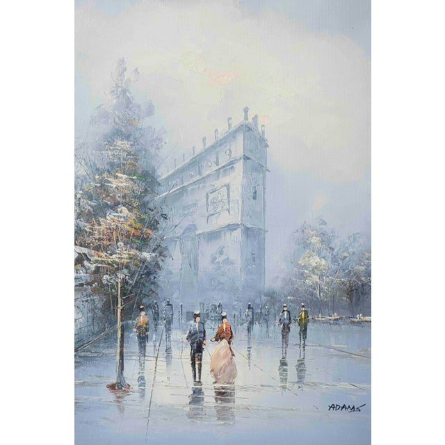 Atmospheric vintage painting depicting the Arc de Triomphe emerging through the mist of a Parisian boulevard after...