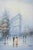 Atmospheric vintage painting depicting the Arc de Triomphe emerging through the mist of a Parisian boulevard after...
