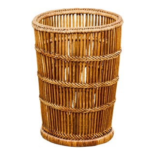 Country Style Rattan Waste Basket with Braided Woven Accents and Tapering Lines For Sale
