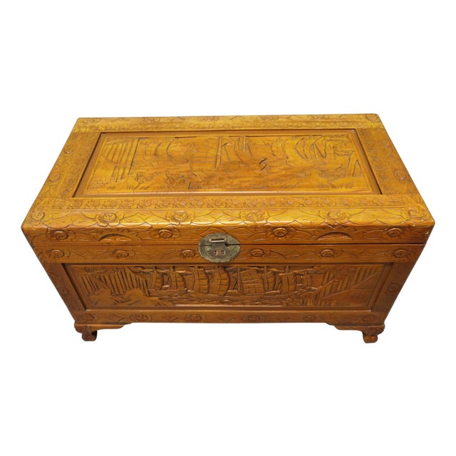 Large Honey-Coloured Carved Chest, 1920 For Sale