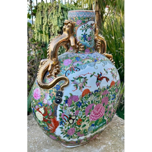 Chinoiserie Antique Large Chinese Famille Rose Moon Flask Gold Dragon Handles Marked 19th Century For Sale - Image 3 of 18