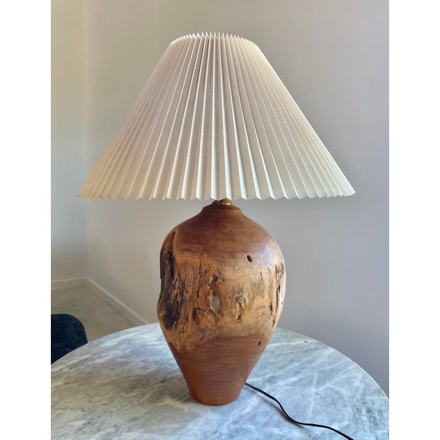Brown Carved Turned Wood Log Artisan Rustic Lamp + Pleated Shade For Sale - Image 8 of 18