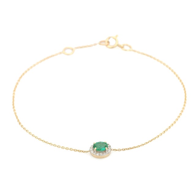 Metal Oval Cut Natural Emerald Chain Bracelet With Diamonds in 14k Solid Yellow Gold For Sale - Image 7 of 17