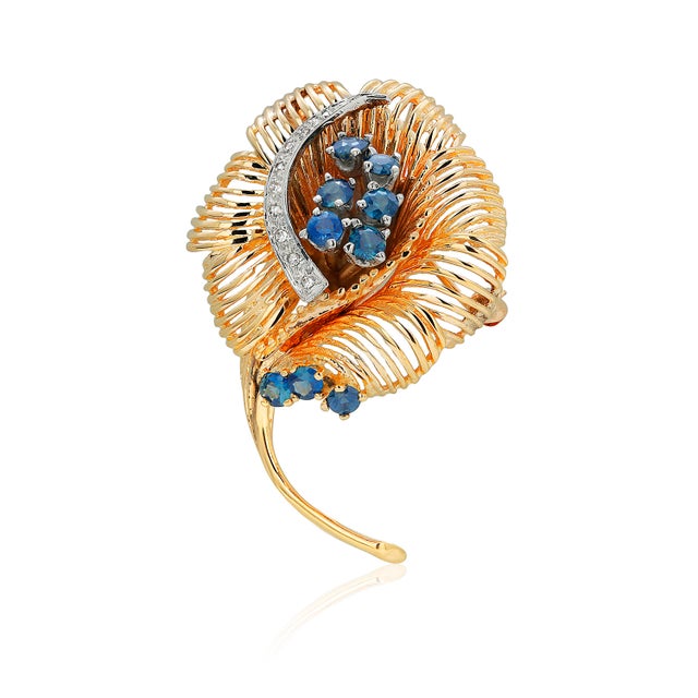 1990s Vintage Fourteen Karat Yellow Gold Diamonds and Sapphires Floral Brooch Pendant For Sale - Image 5 of 6