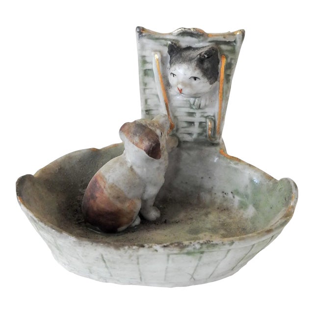 Vintage Match Striker Holder Porcelain Cat & Dog For Sale