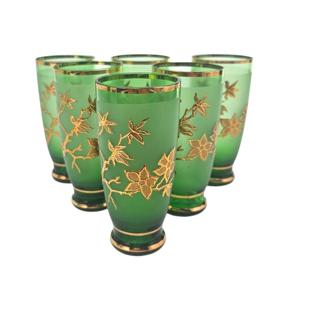 Mid-Century Frosted Emerald Glass Decanter Set With Gilt Pheasant Motif, 15" For Sale - Image 12 of 16