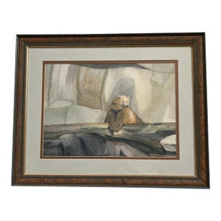 20" Whimsical Polar Bear Painting in Burlwood Frame, Double Matted Gallery Presentation For Sale