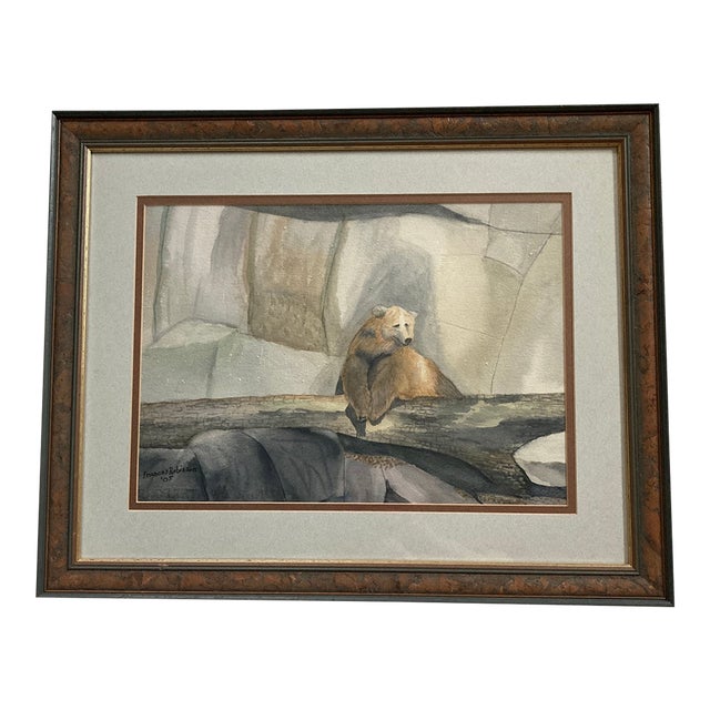 20" Whimsical Polar Bear Painting in Burlwood Frame, Double Matted Gallery Presentation For Sale