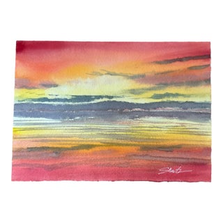 “Fiery Sunset” Original Watercolor Seascape by Nancy Smith For Sale