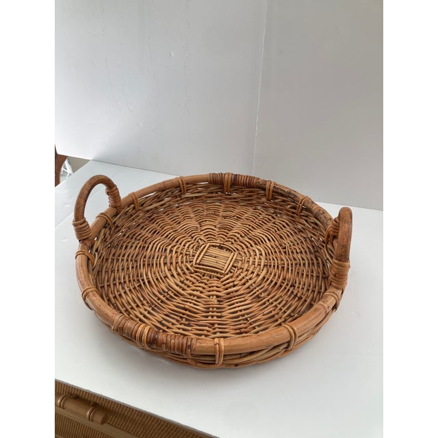 Very Useful Round Boho Chic Wicker Tray with Bamboo Handles. Add some Boho Chic style to your Design Project.