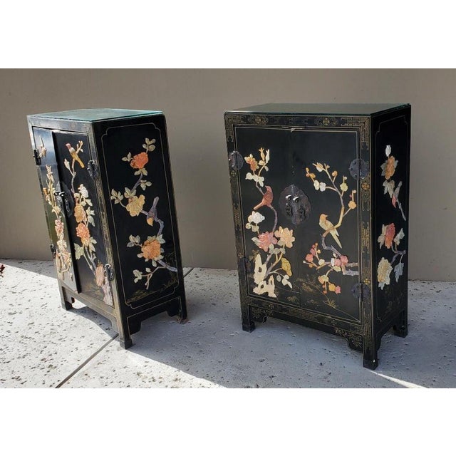 A Pair of Antique Chinese Black Lacquered Cabinets With Hardstone Inlay For Sale - Image 11 of 12